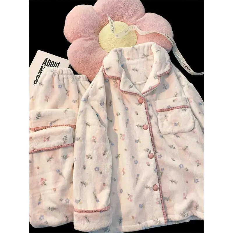 

Women's Pajama Set Comfortable Sleepwear Winter Flannel Pajamas Women Fleece Loungewear Set Cozy Floral Print Homewear Sleepwear
