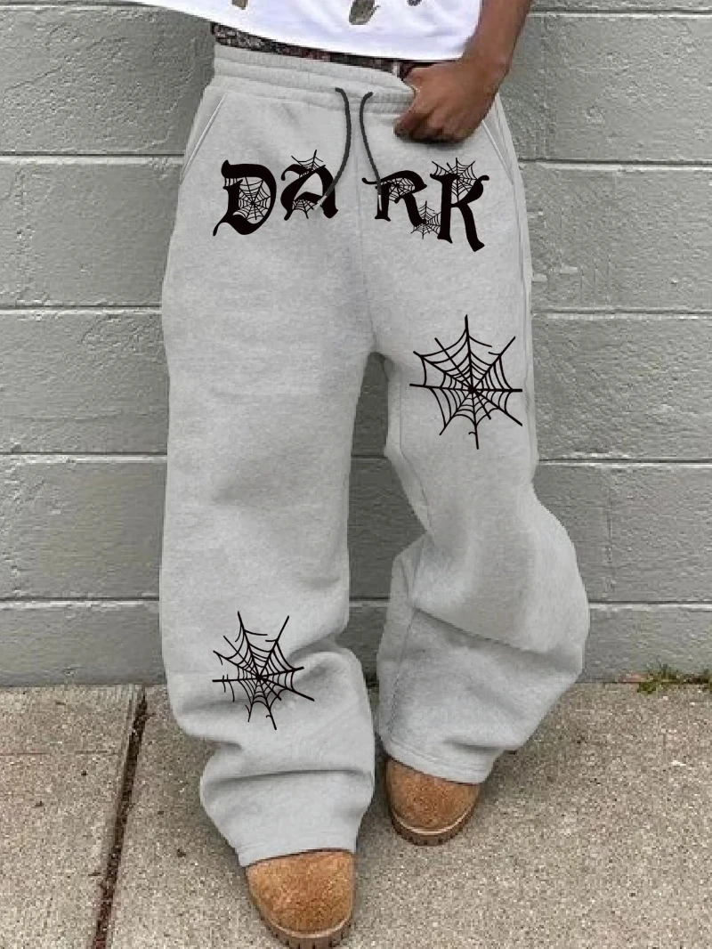 

Dark Spider Print Goth Street Style Straight Leg Sweatpants, Loose Fit, Unisex, Casual Street Wear, Comfortable, Suitable