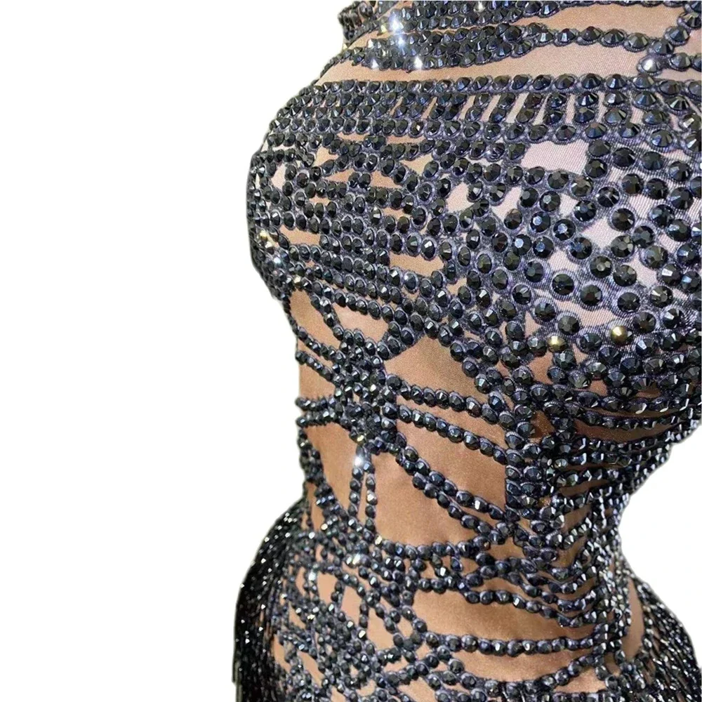 Zwarte Kwastje Strass Bodysuit Vrouwen Sprankelende Kristallen Outfit Party Latin Dance Club Stage Catwalk Show Kostuum