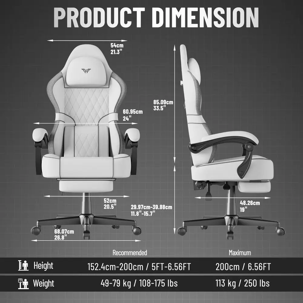 Breathable Fabric Ergonomic Gaming Chair with Footrest and Linkage Armrest, High Back Computer Game Chair with Massage Lumbar S