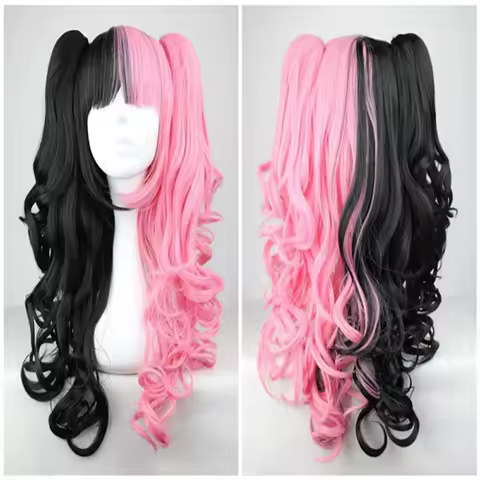 HAIRJOY Synthetic Hair Pink And Black 70cm Classical Anime Wavy Curly Braided Lolita Cosplay Wig