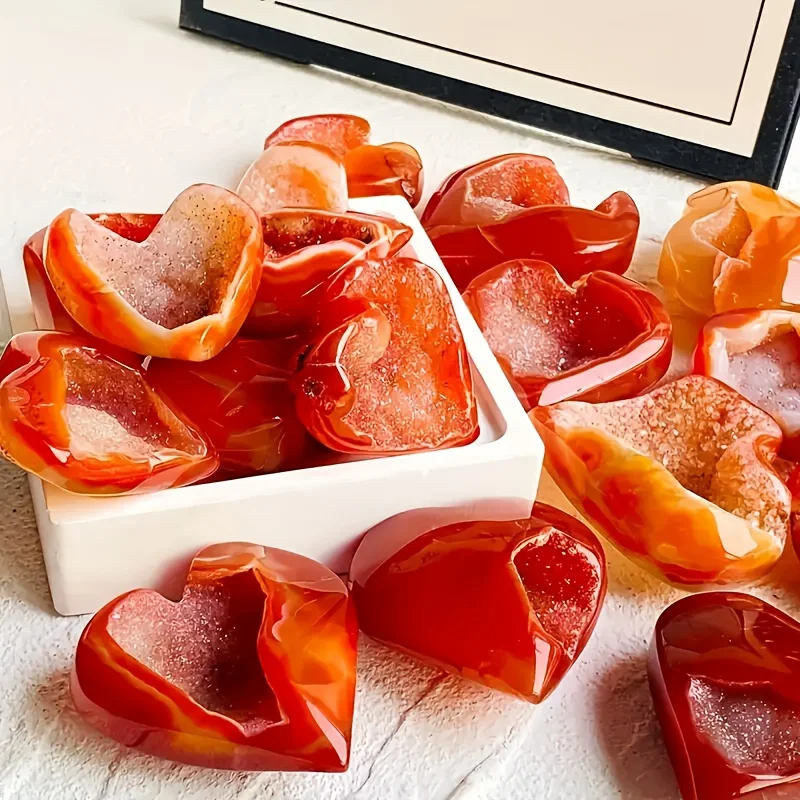 Natural Red Agate Crystal Cave Cluster Heart Shape - Hollow Pattern with Cave Openings, Polished Glossy Finish
