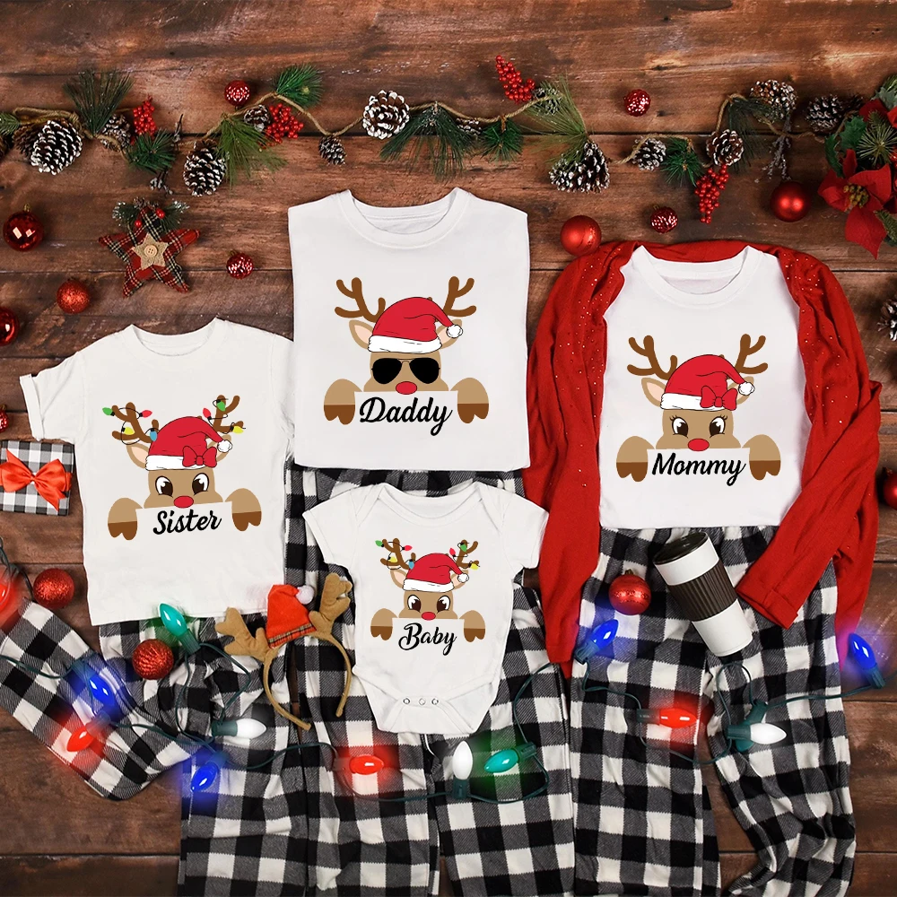 Deer Print Christmas Family Matching Outfit Mom Dad Kids Baby Matching Shirts Top Romper Xmas Family Togrther Outfit Holiday Tee