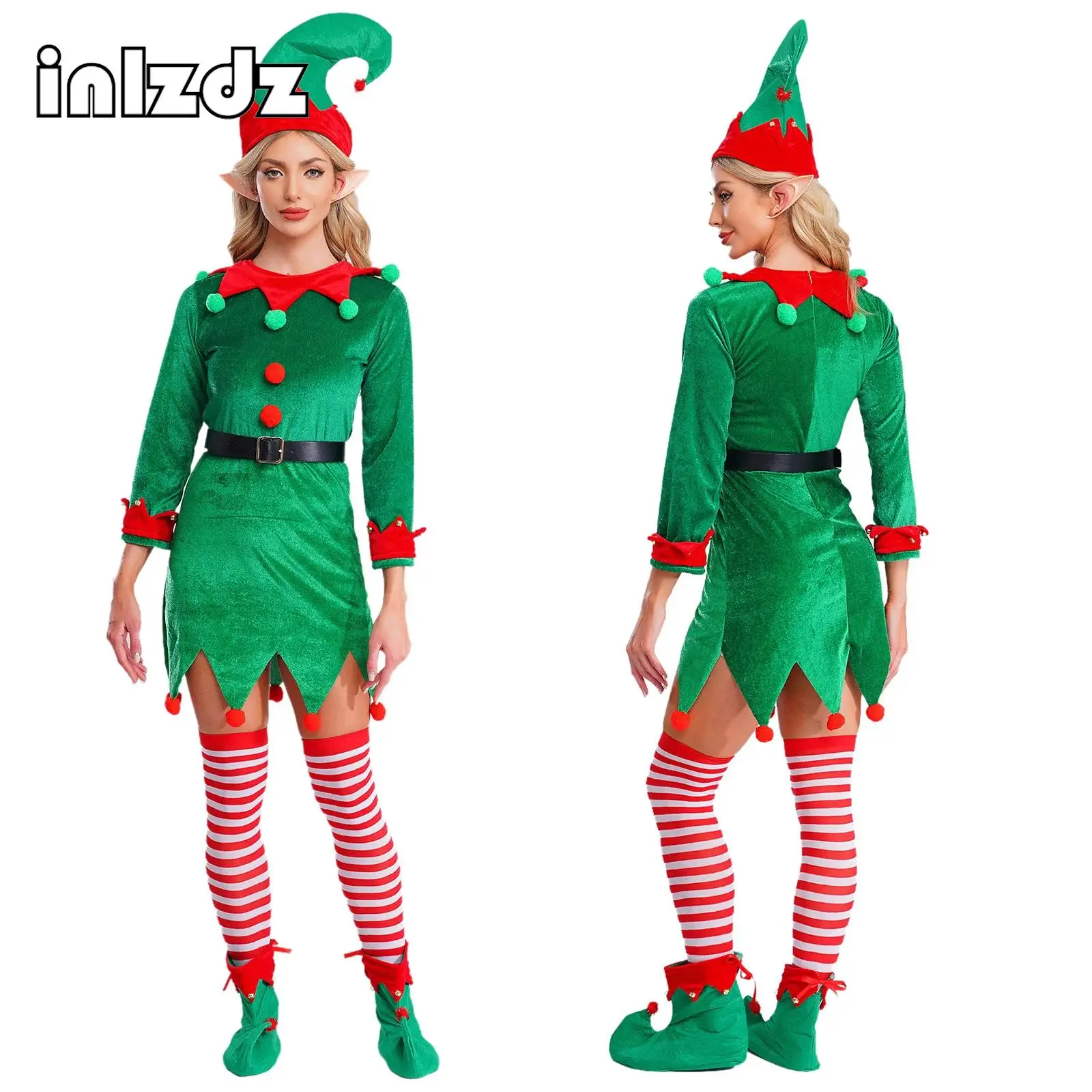 

Green Womens Christmas Elf Cosplay Costume Set Long Sleeve Dress+Accessories Set for Festival Xmas New Year Party Performance