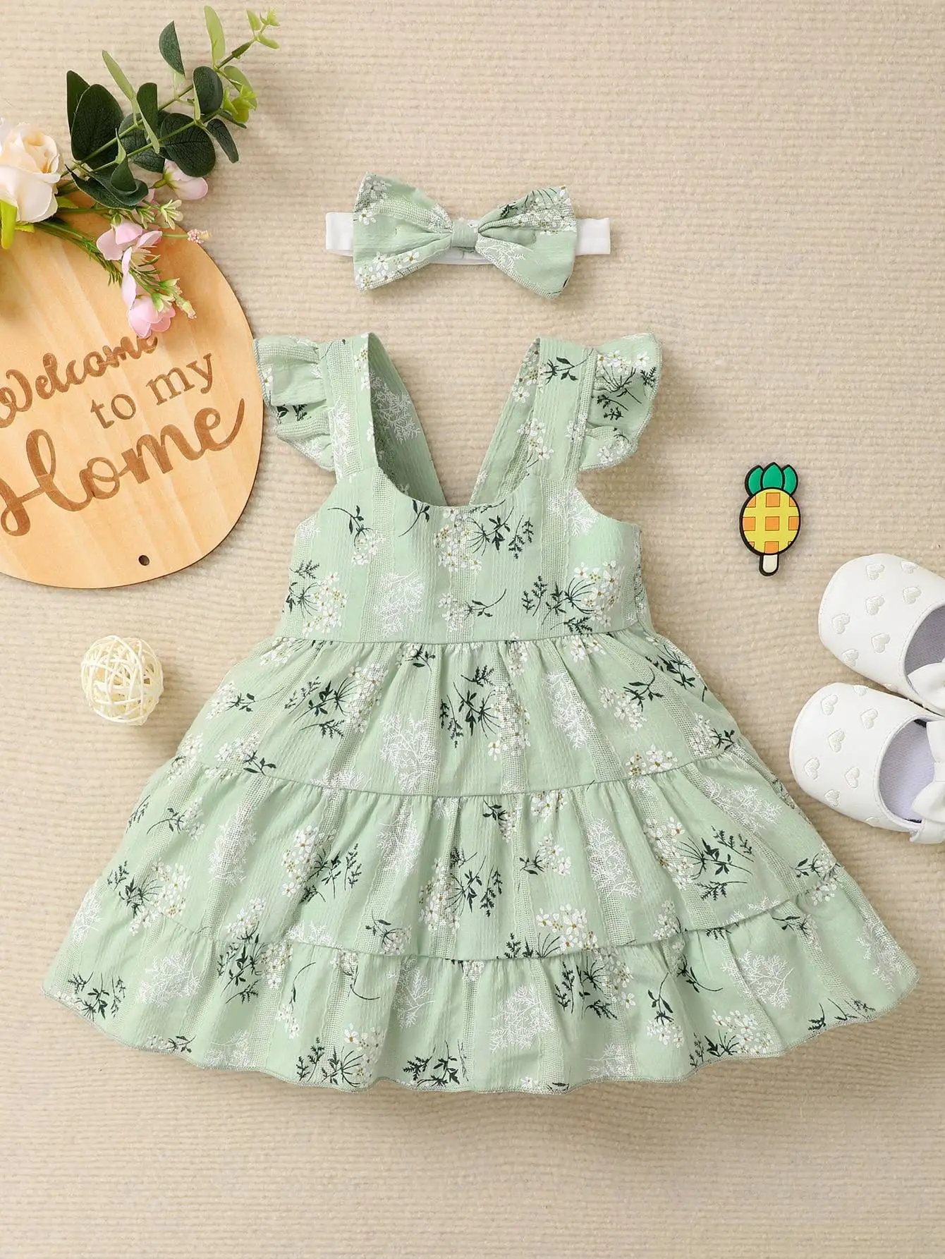 Summer baby girl green fashionable printed camisole dress