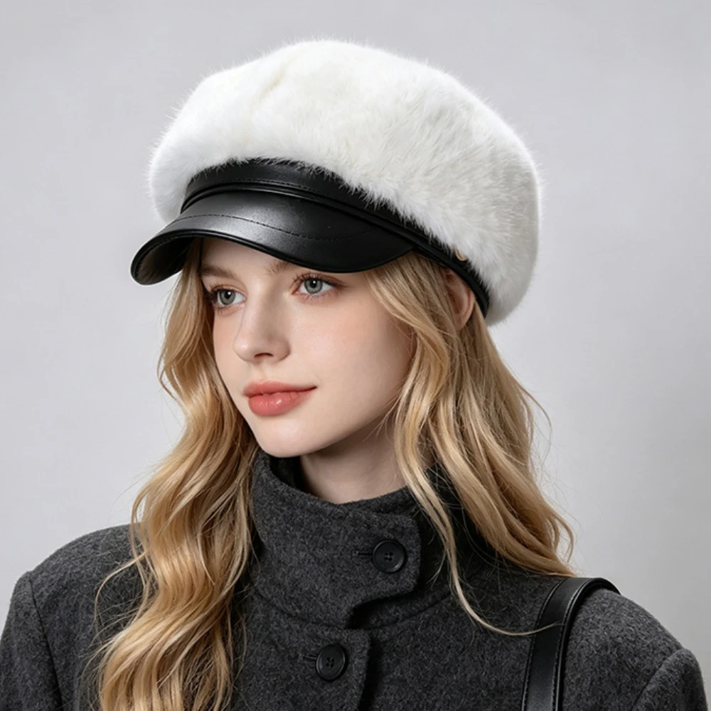 HT5191 Autumn Winter Flush Newsboy Cap PU Leather Brim Women Beret Hat Female Artist Painter Octagonal Hat Lady Faux Fur Berets