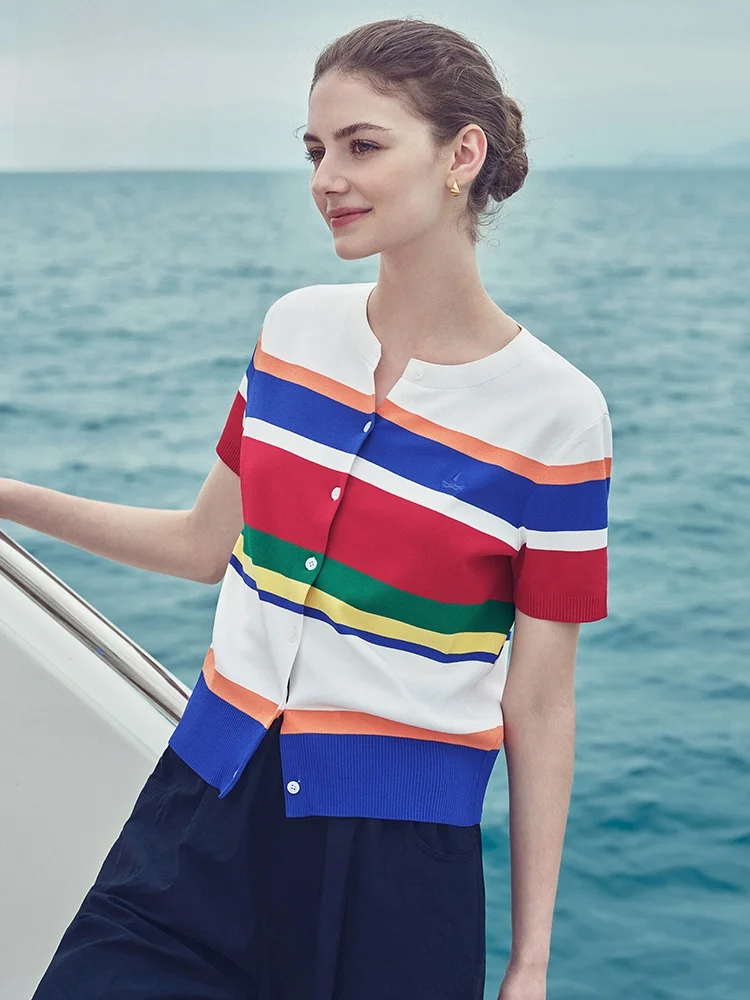 

Женский кардиган Navigare в полоску, летний, новый, универсальный, с круглым вырезом, на пуговицах, в стиле OL