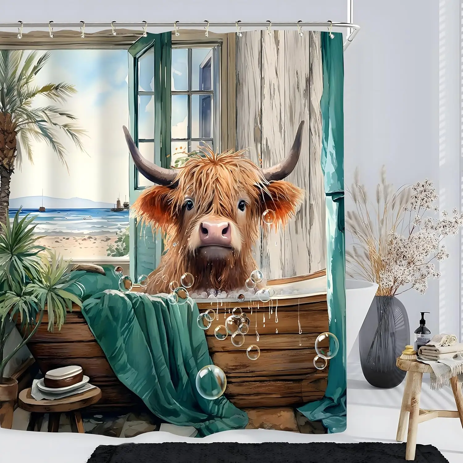 

Летняя занавеска для душа Highland Cow 60Wx72L дюймов, забавная милая крупный рогатый скот, вид на океан, пейзажная ванна, теленка, тропические Гавайи, сцена, пальма L
