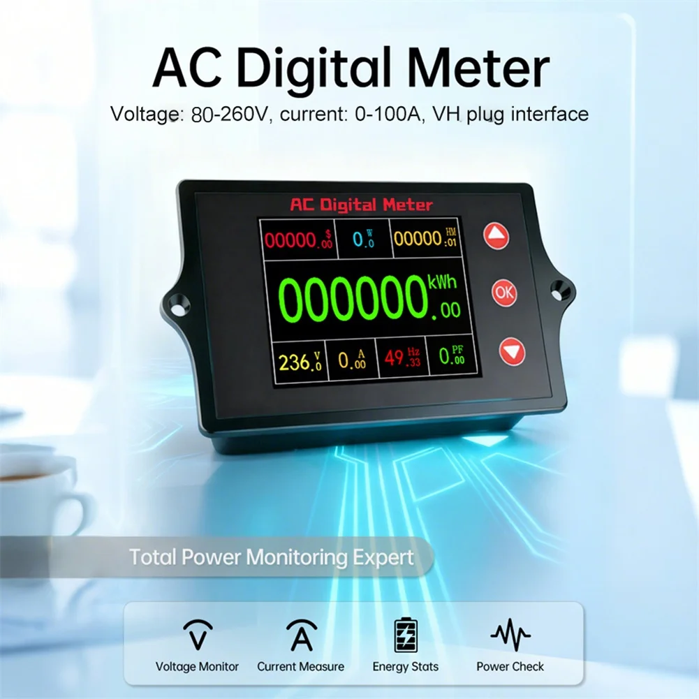 AC 80-260V 100A Digital Electricity Monitor with Voltmeter Ammeter Wattmeter Energy Meter Functions and LCD Display