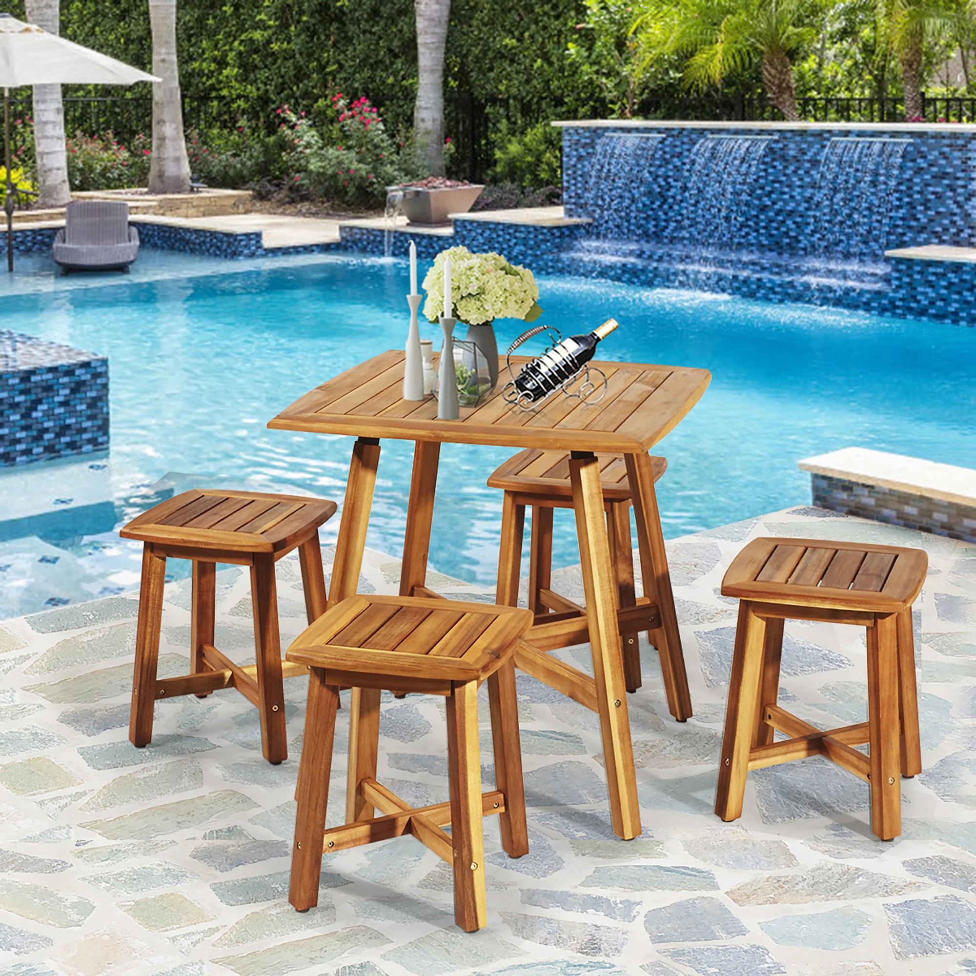 5PCS Acacia Patio Dining Set w/Square Table & 4 Stools