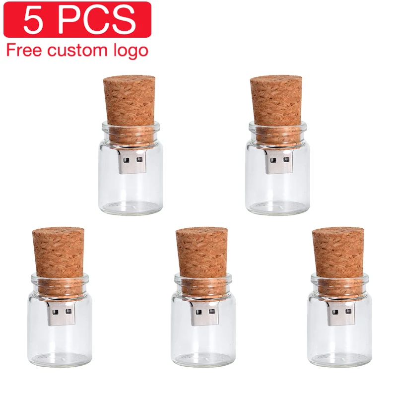 5 PCS LOT USB Flash Drive 128GB Glass Drift Bottle Pen Drive 64GB Creative Wedding Gift Memory Stick Free Custom Logo Pendrive