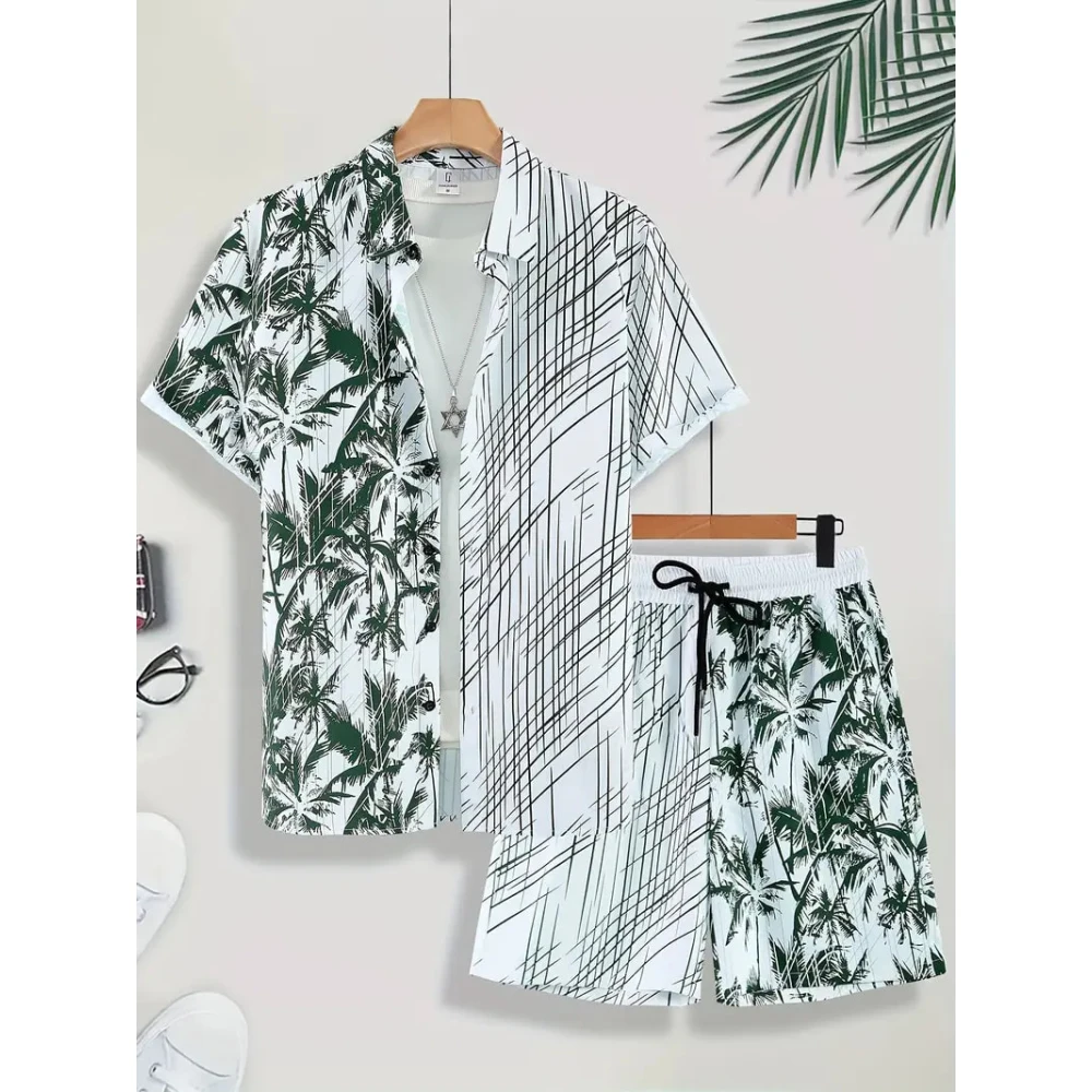 Hawaiian Men's Short Sleeve Seaside Irregular Design Pattern Print Summer Fashion Button-Down Shirt Tops Short Sleeve Shirt