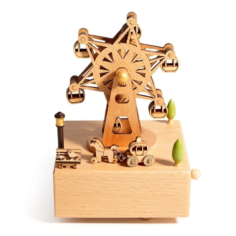 Mechanical Wood Craft Wooden Music Box Carousel Retro Rotary Music Box Music Box Ornaments Birthday Gift