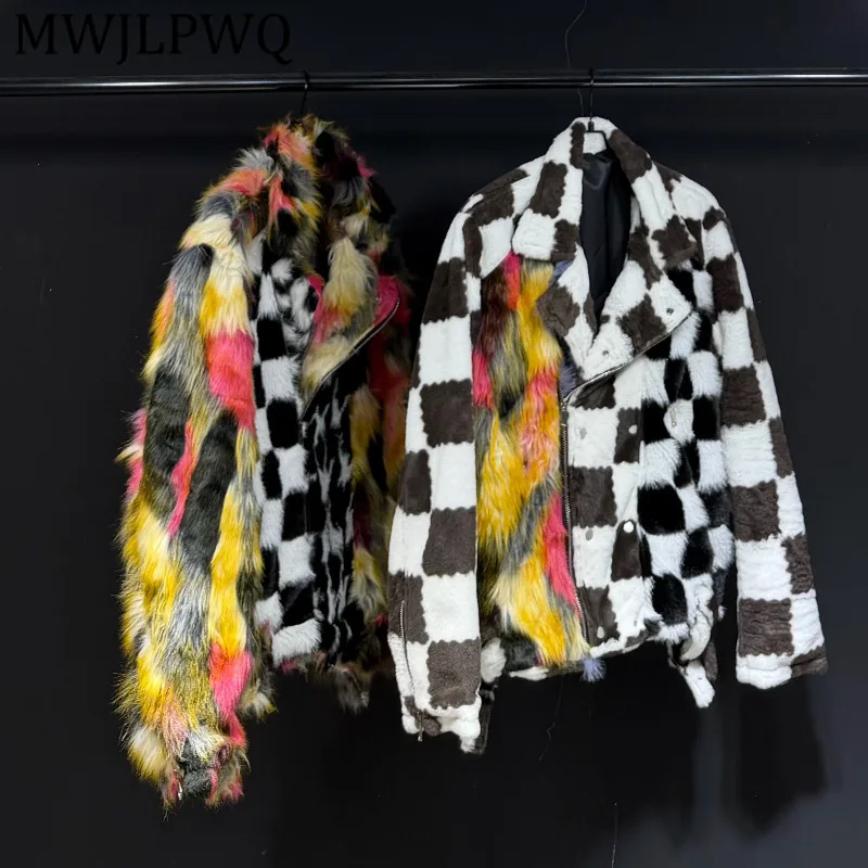 

MWJLPWQ Motorcycle Style Plaid Design Fur Jacket Men's High Street Contrast Color Unisex Short Zipper Casual Tops Trendy 13047