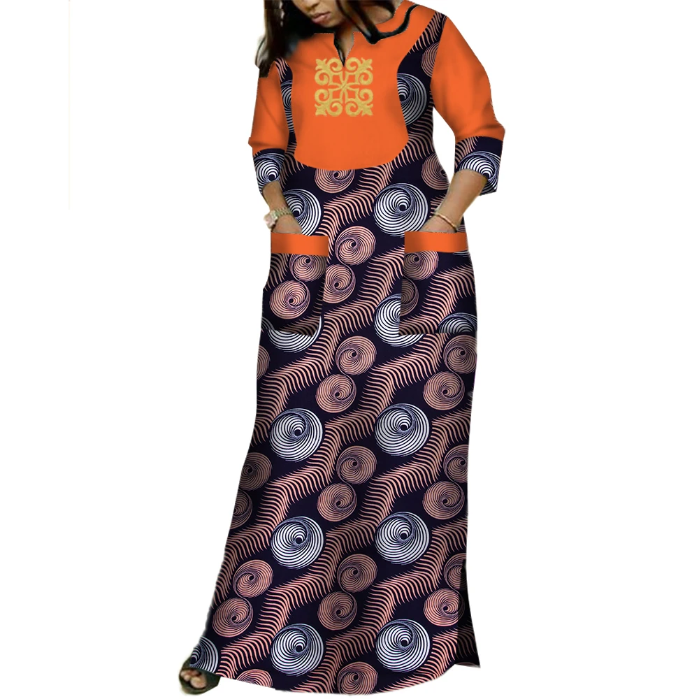 Vestidos dashiki africanos para mulheres, bazin riche, estampado, longo, com 2 bolsos, roupa tradicional africana, wy3620
