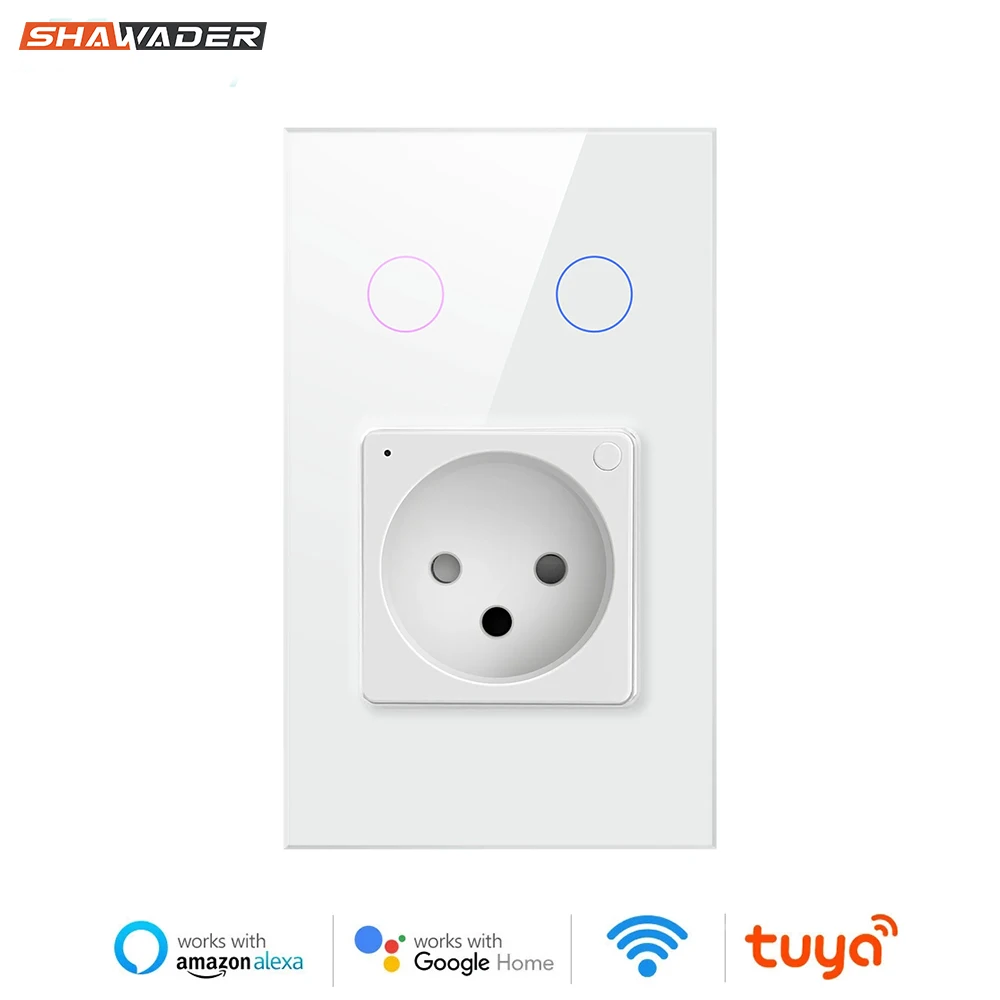 Shawader Wifi Smart Tuya Israel Light Switch Wall Socket Israeli Plug Electrical Outlet Touch Glass Panel by Alexa Google Home