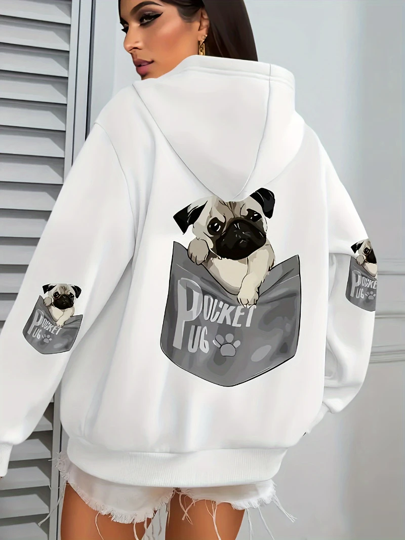 Pocket Pug Hoodies Women Cartoons dog Prints Hooded Loose Pockets Sweatshirts Winter Fleece Warm Tops Street Black Woman Clothes