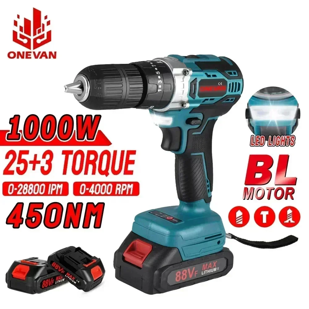 ONEVAN 25+3 Torque Brushless Electric Drill 450N.M Cordless Electric Screwdriver Impact Drill Power Tools For Makita 18V Battery