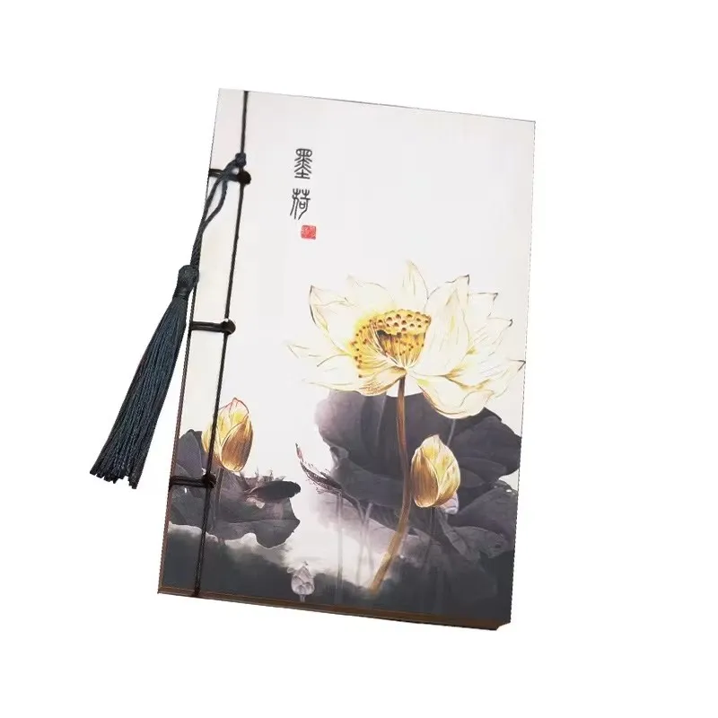 17*11cm Chinese Style Lotus Vintage Notebook with Tassel Blank Kraft Portable Craft Blank Mini Notebook Notepad