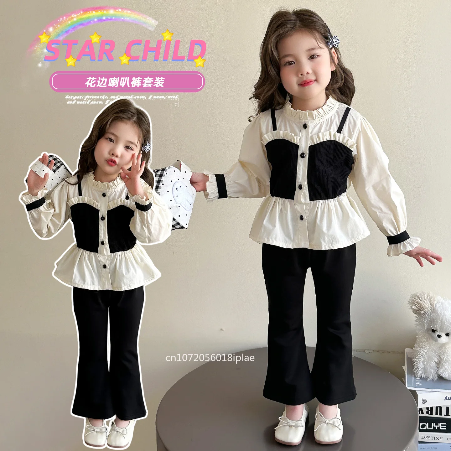 korean-version-teens-girls-clothes-spring-fashion-new-children's-clothing-long-sleeved-patchwork-shirt-top-pants-two-piece-sets