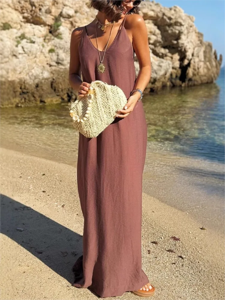 Summer New Boho Maxi Dress For Women's Spaghetti Strap Loose Deep V-neck Solid Beach Holiday Fashion Casual Dresses Robe Femme