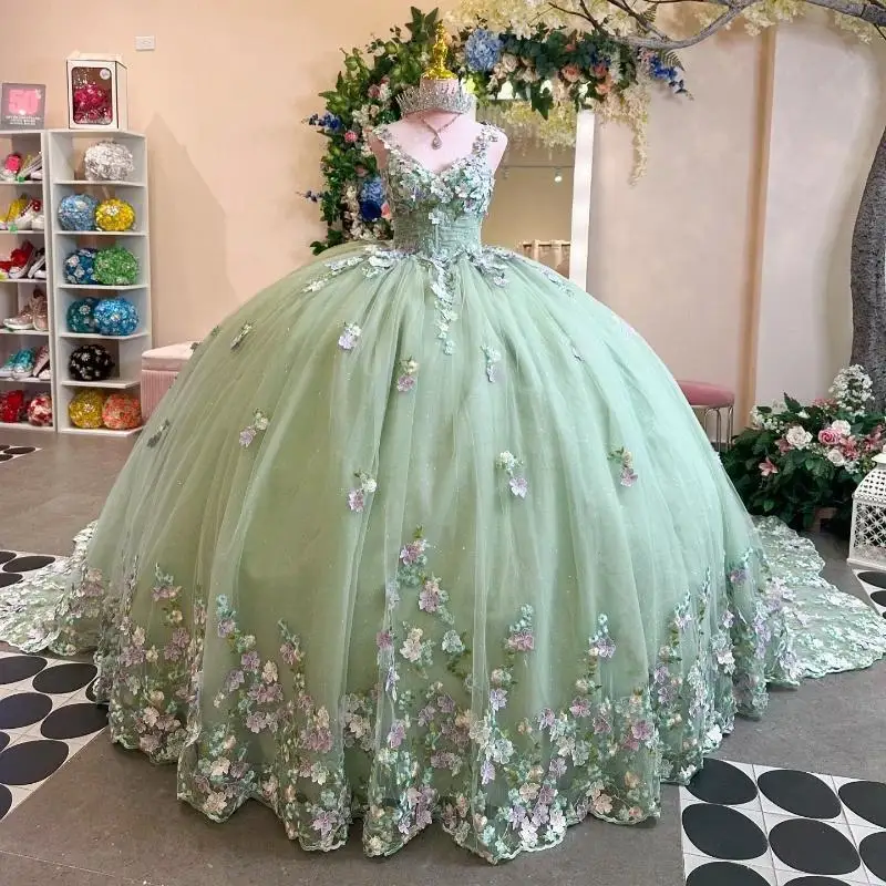 

Sparkly Sage Green Quinceanera Dress Ball Gown Off The Shoulder 3D Floral Applique Beaded Corset Sweet 16 Vestidos De 15 Años