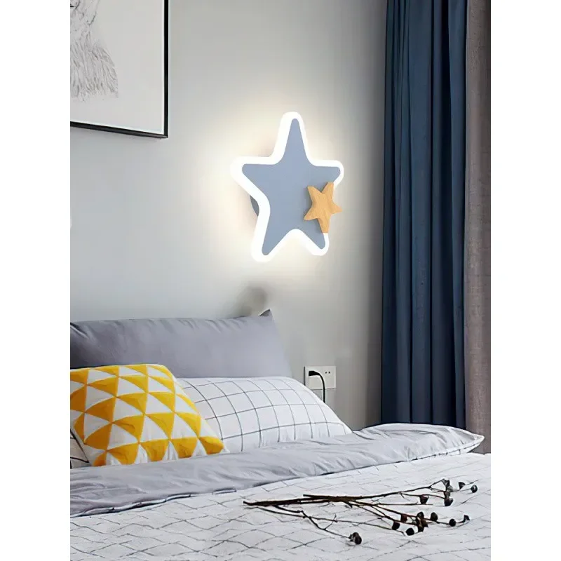 Nordic Children Creative Moon Star Iron Wood Led Wall Lamp Living Room Hallway Bedside Decorative Night Light Changeable Fixture