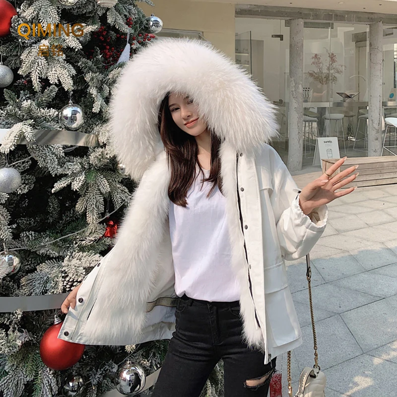 Parka Real Fur Coat Women Raccoon Fur Collar Lined Coat Fox Fur Coat Winter Ladies Rex Rabbit Hair Detachable Liner Short Coats