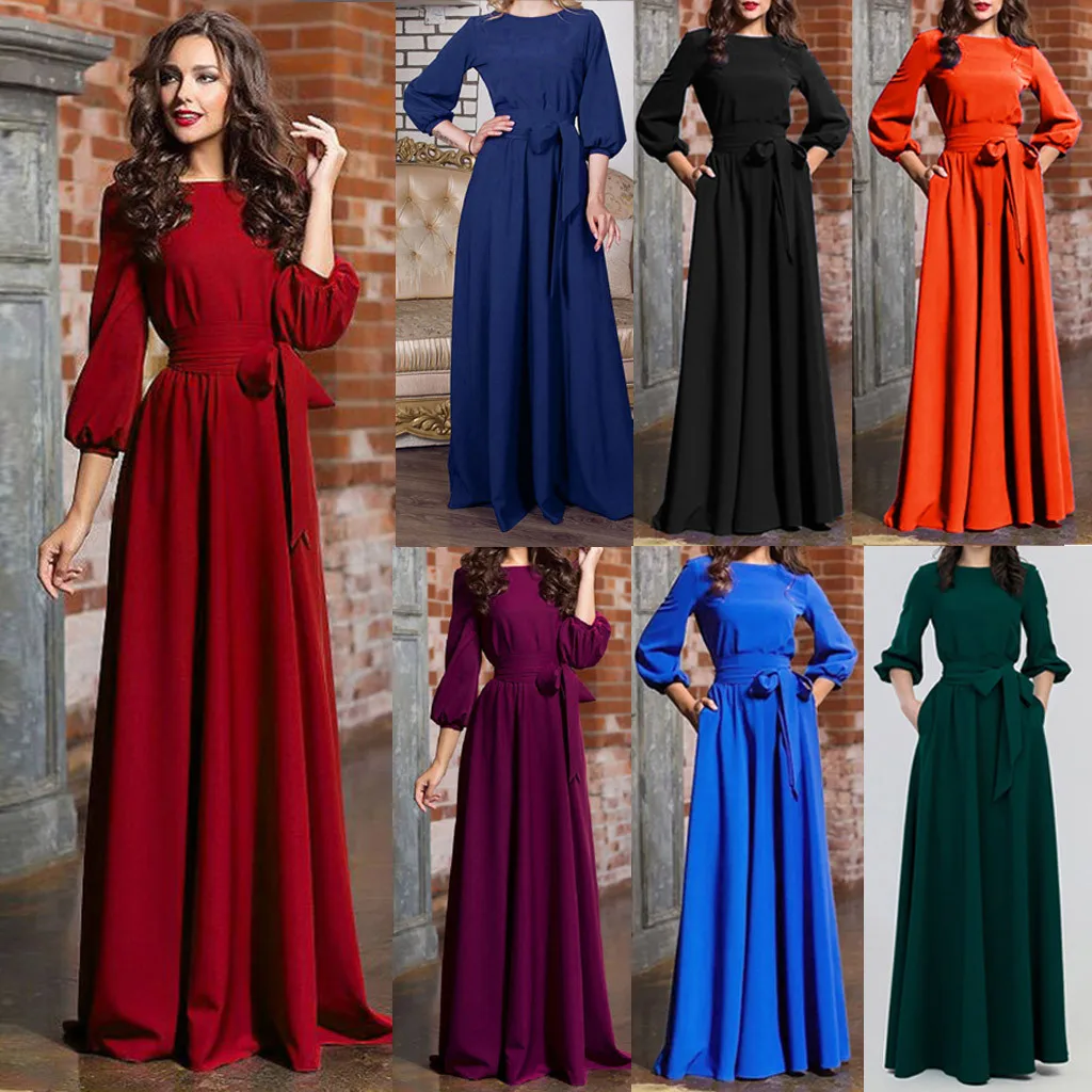 Elegant Vintage Bohemian Dress For Women Autumn Casual Loose Women\'S O Neck Long Sleeve Belt A Line Long Dresses Robe Femme