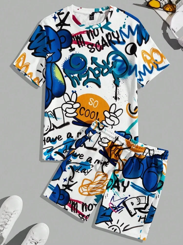 

Summer Casual Short Sleeve Set Loose Quick Dry Men's 2 Piece Fashion Hip Hop Pattern Printed Short Sleeve Shorts Suit