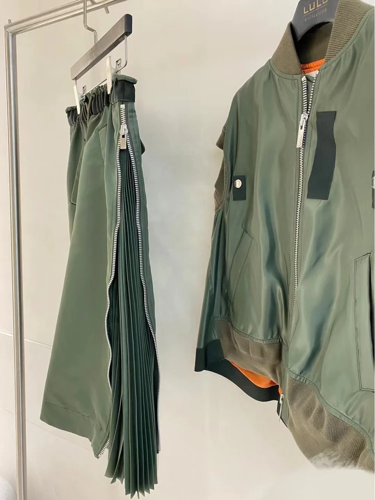 SACAI Waist-Cinching Pleated Skirt with Drawstring And Zipper on Both Sides Street Style Loose Fit Bamboo Fiber Daily Wear