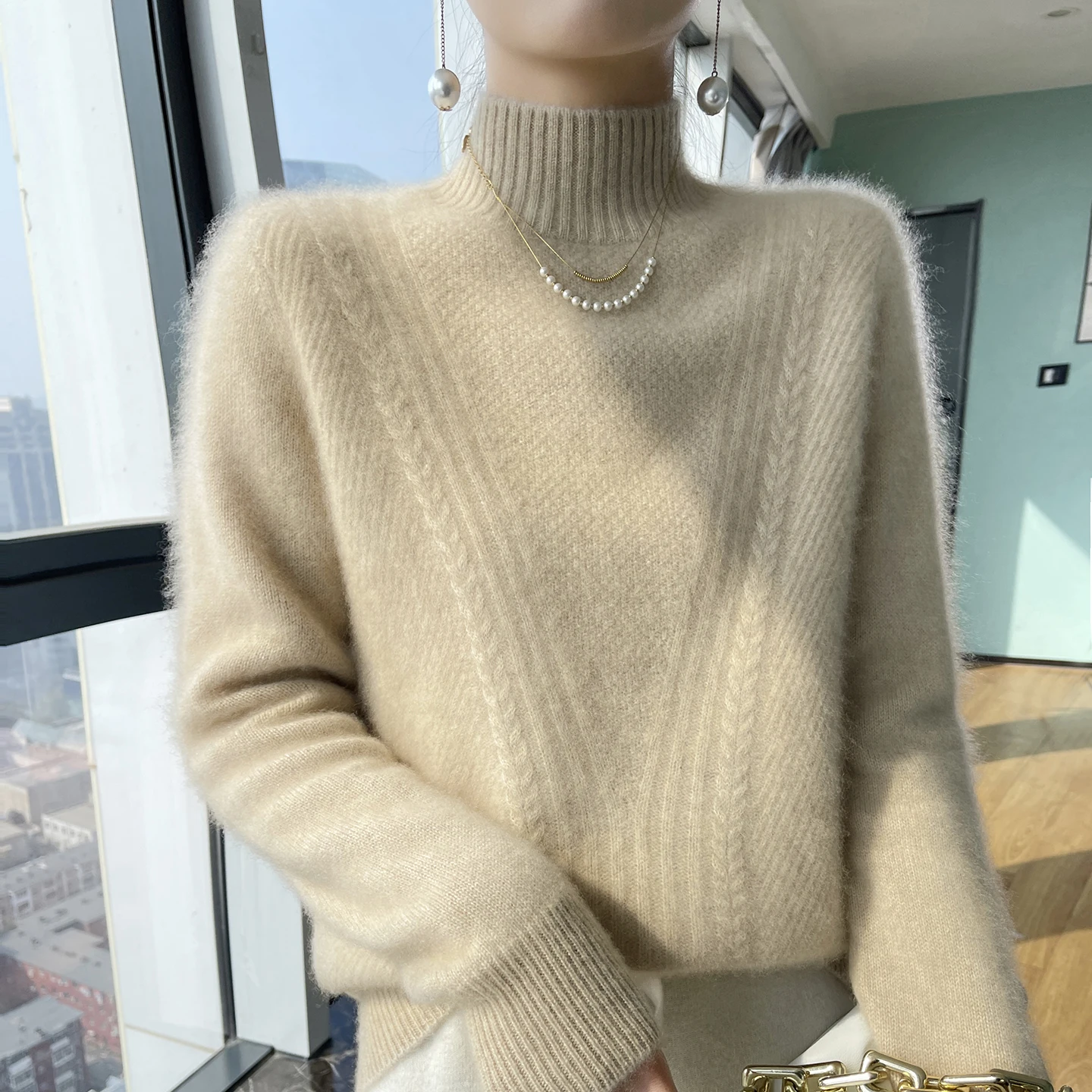 

Осень-зима, новый стиль, женская кашемировая трикотажная базовая рубашка, модная универсальная теплая свободная утягивающая рубашка с высоким воротником