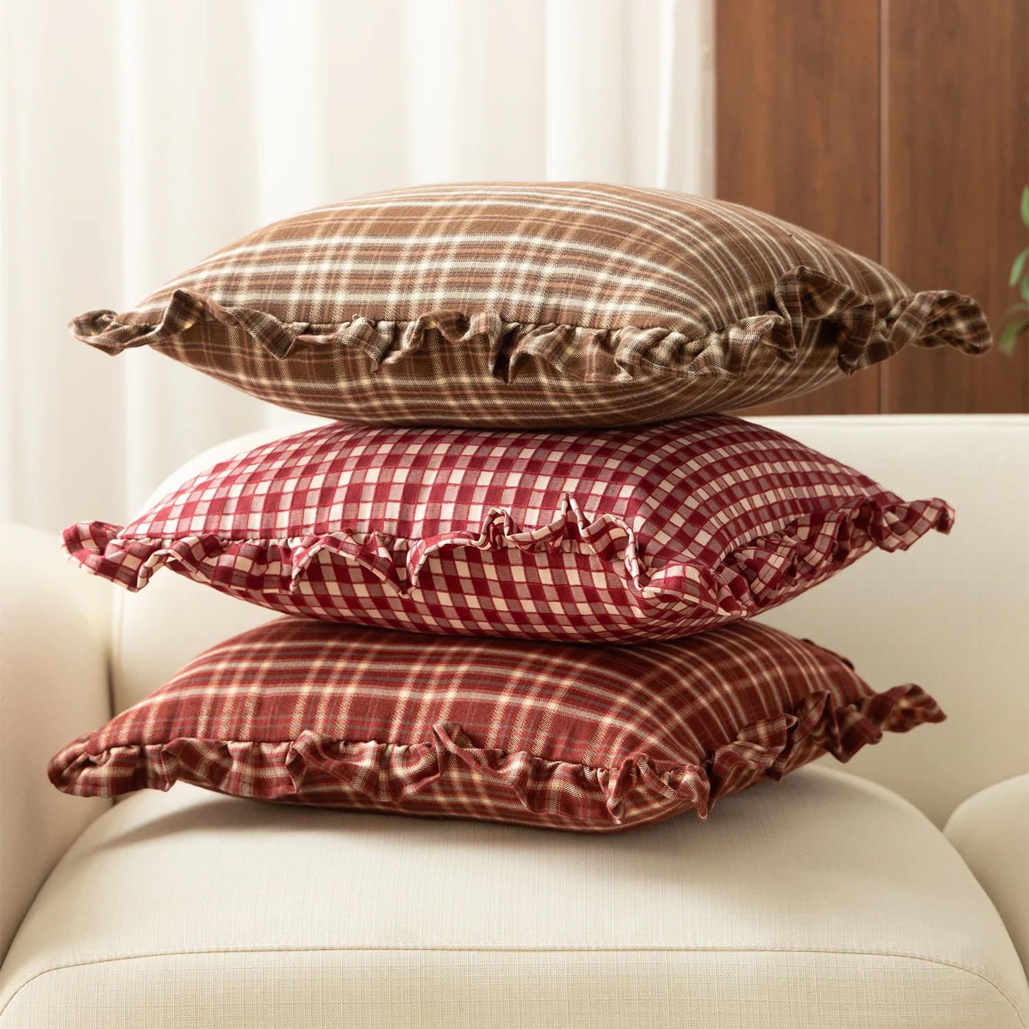 Plaid Cushion Cover Pillowcase with Ruffles Chair Sofa Home Decor French Shabby Romantic Chic Pillow Cover for Bedding 45X45cm