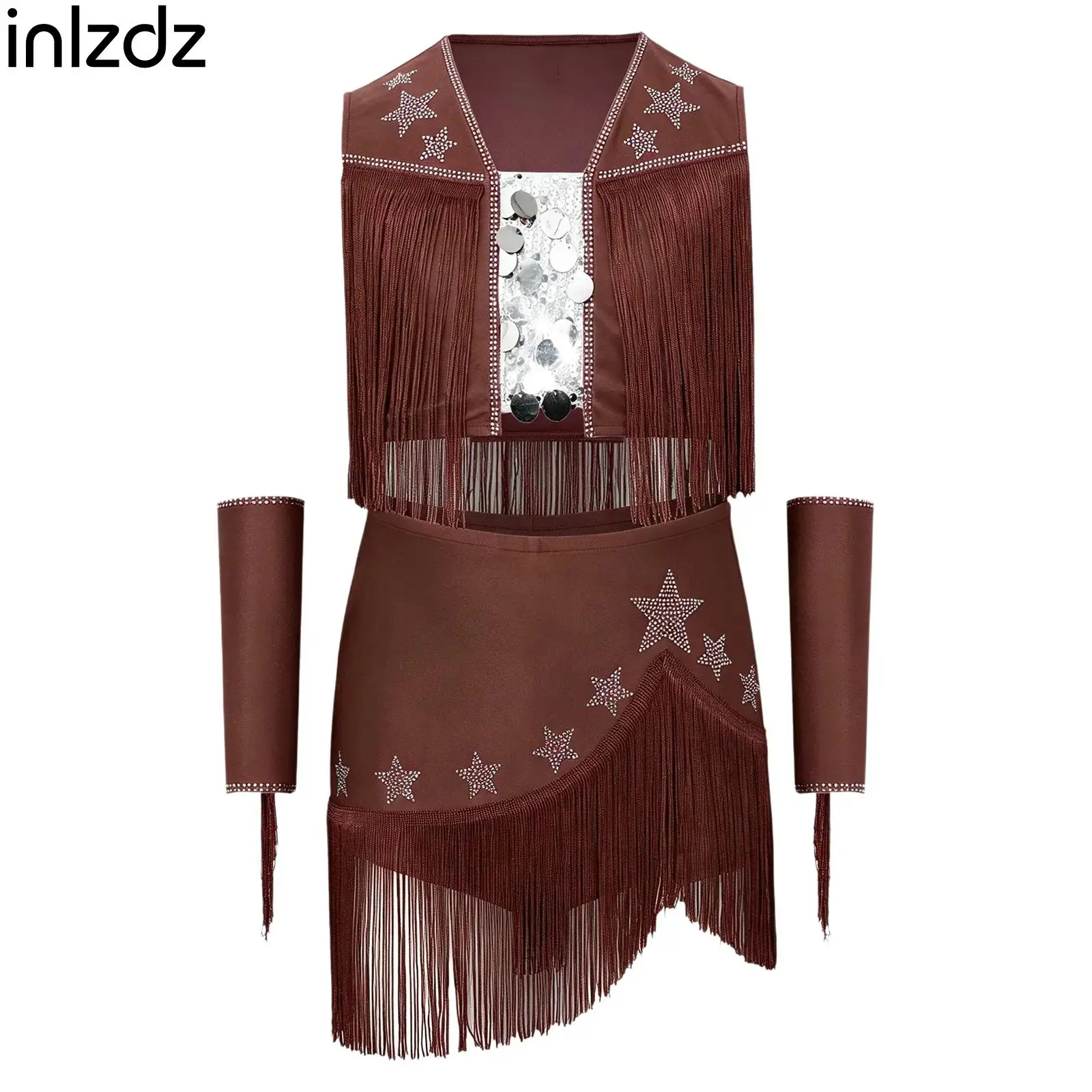 Girls Jazz Dance Set Sleeveless Sequin Rhinestone Top Elastic Waist Skirt with Built in Shorts and Oversleeve Cowgirl Costume