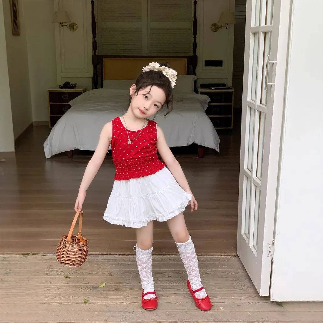

Girls Suit 2025 Summer New Korean Style Childrens Clothing Love Sleeveless Vest Pleated Skirt Two Sets Casual Simple Daily