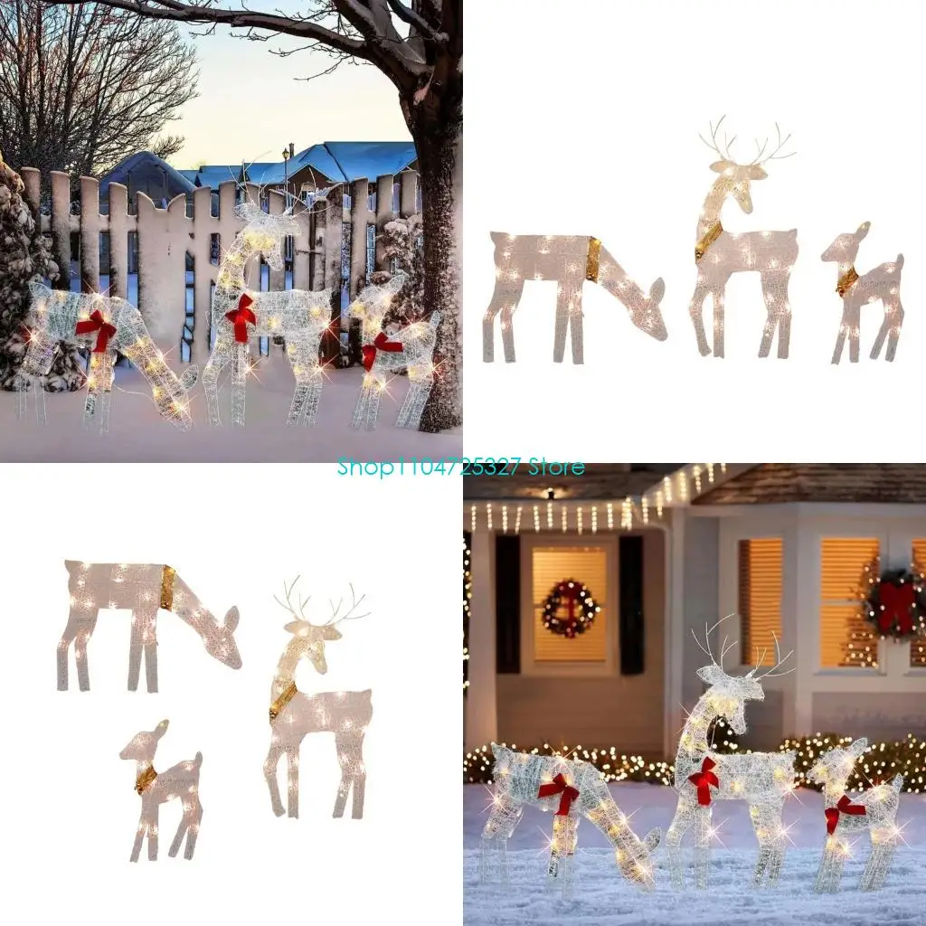 D8KF Christmas Deer Sculpture With LED Illuminations Outdoor Iron Family Decoration For Garden Patios Holiday Atmospheres