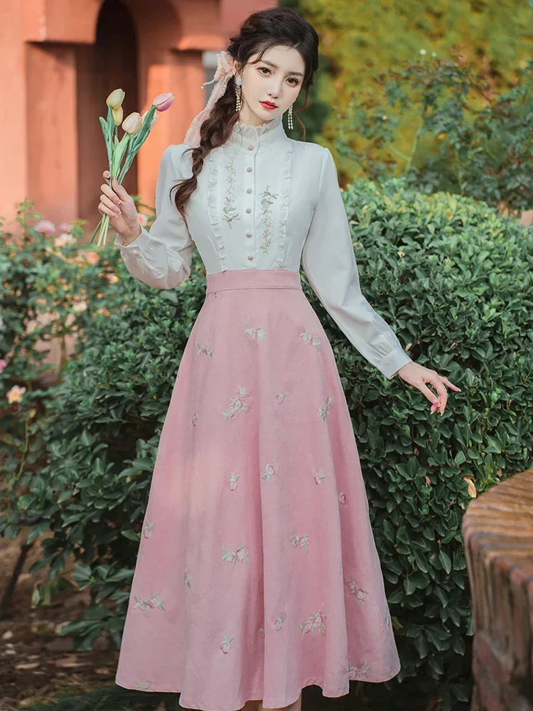 

Literary Retro Flower Embroidered Dresses Women Pink White Patchwork Sweet Long Sleeve Dress Robe Femme Fashion Elegant Vestido