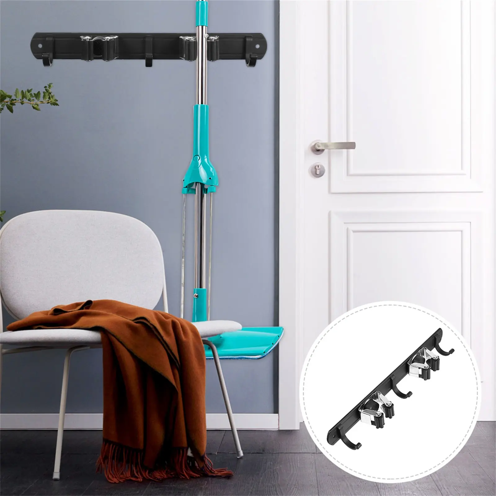 

Space Aluminum Wall Mount Mop and Broom Holder Heavy Duty 2 Slots 4 Hooks Organizer Garage Garden Tool Rack Weather Resistant