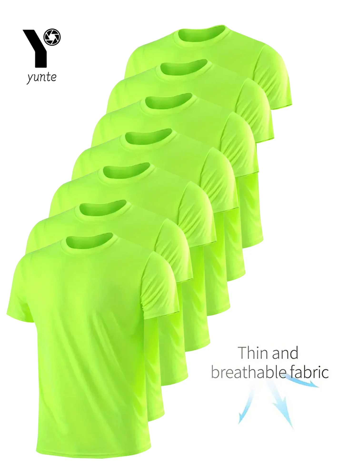 Crew T-Shirt 7-Pack Fluorescent Green Ultralight Men\'s Quick-Dry Breathable Sweat Shirt for Fitness Gym and Running Light Plaid