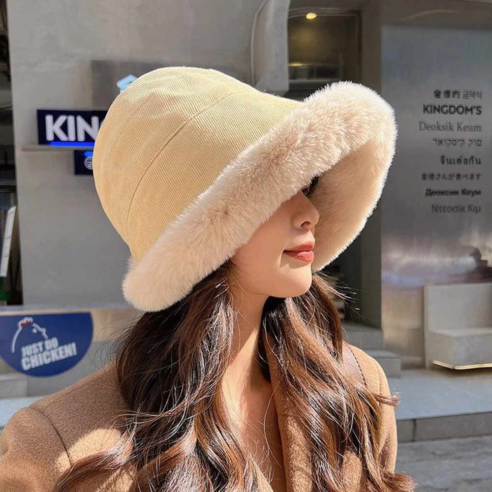 New Winter Bucket Hat Soft Thickened Plush Hats Women Outdoor Windproof Caps Warm Beanies Ladies Fisherman Hat Panama Hat