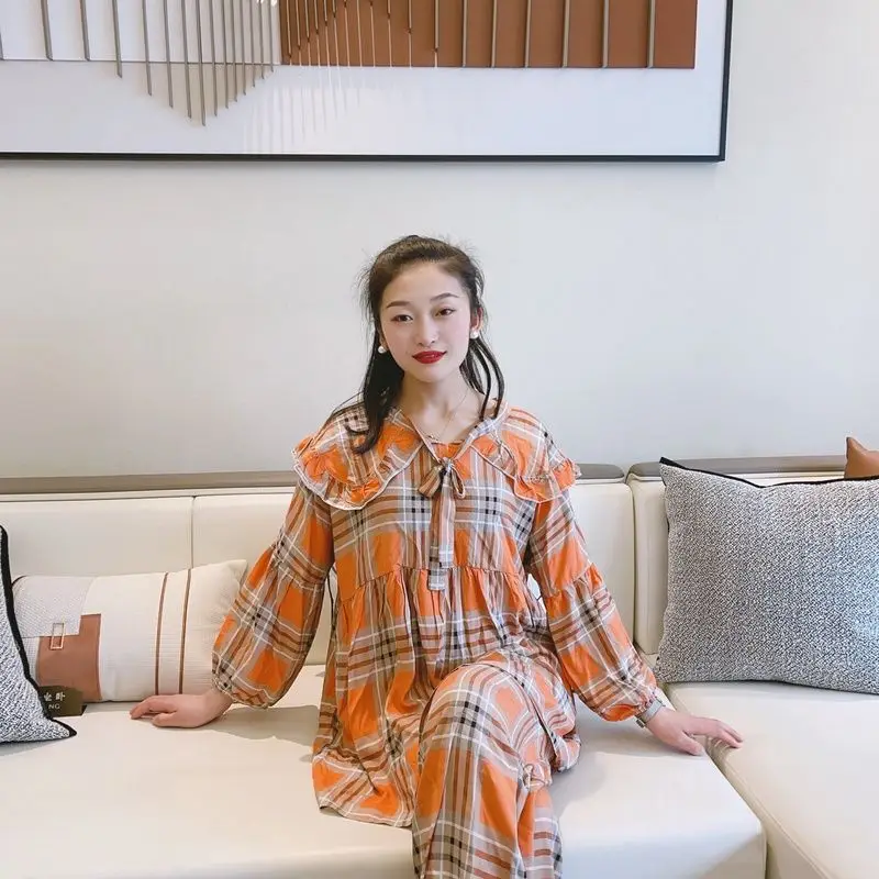 Fashion Age Reduction Loose Large Size Butterfly Collar Cotton and Silk Suit Women's Leisure Travel Loungewear Summer Pajama