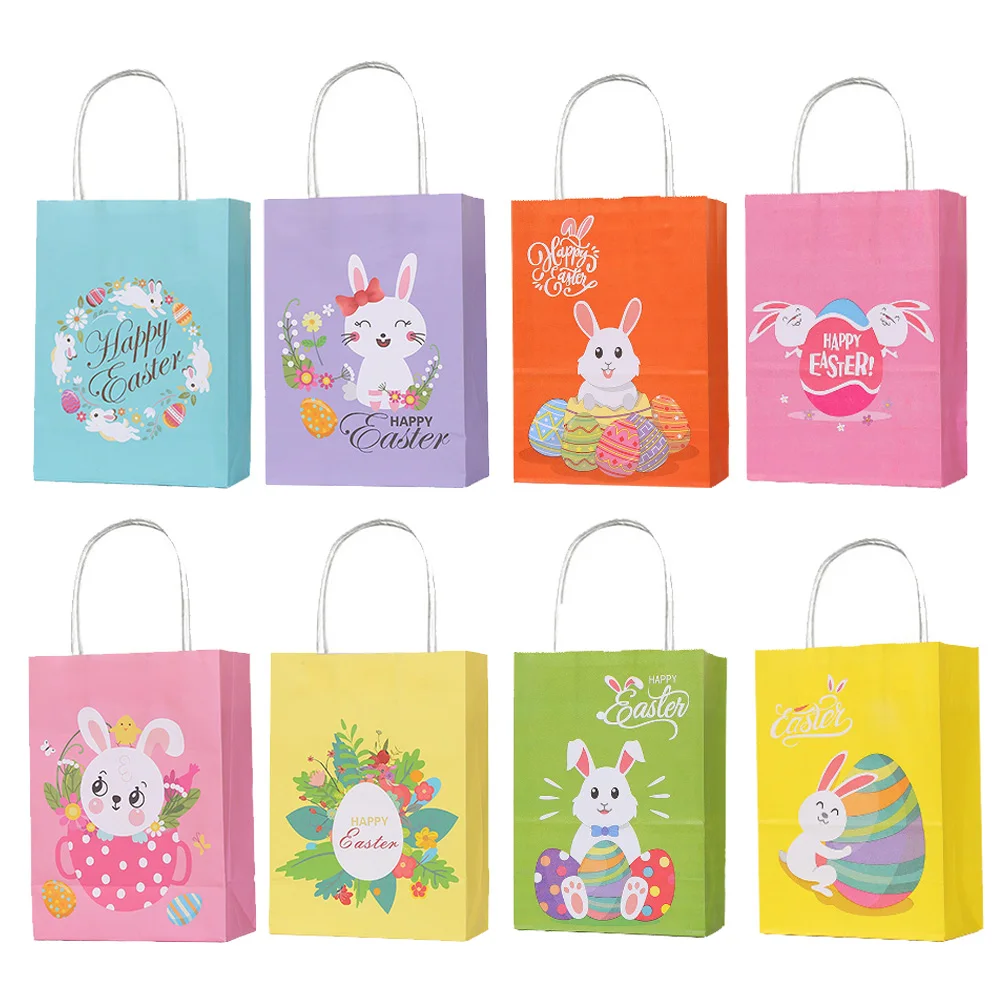 16/32/64/80pcs Easter Theme Rabbit Egg Pattern Paper Gifts Bags Candy Biscuit Handbag Happy Easter Party Decor Supplies Gifts