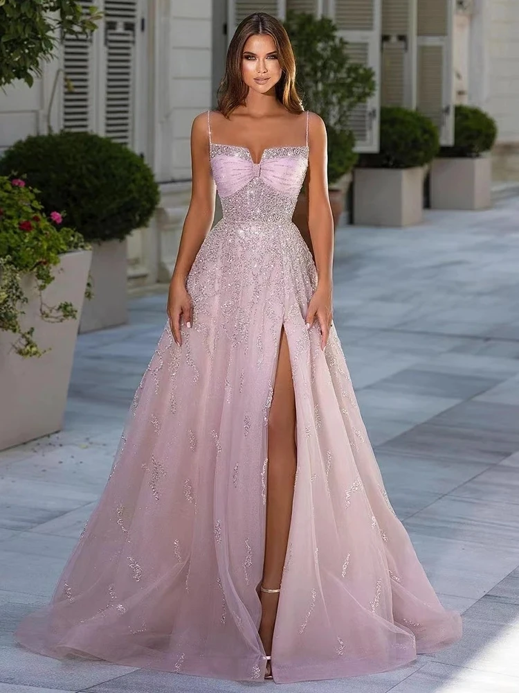 

Beautiful Pink Prom Dresses For Women 2024 A-Line Evening Dress Sexy Gowns Spaghetti Straps High Split Backless Vestidos De Gala