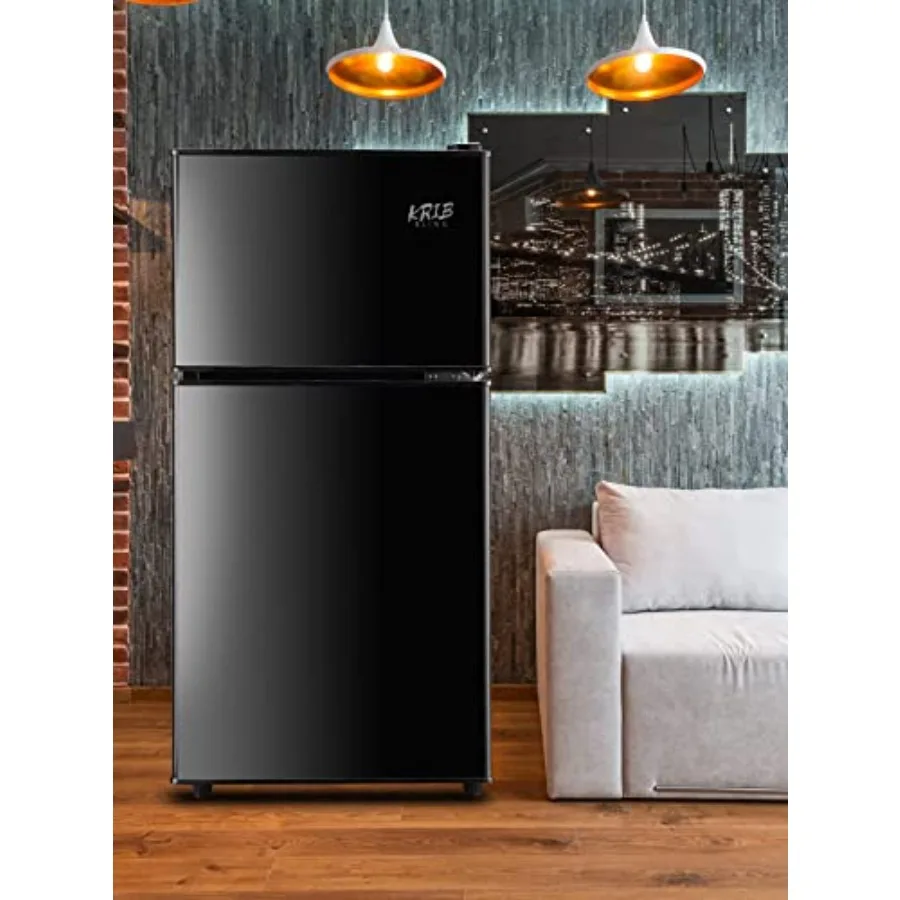 Mini Fridge With FreezerCompact Refrigerator With 2 Doors 7- Level Adjustable Thermostat Removable Glass Shelves For Bedroom Of