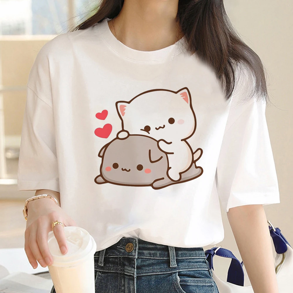 Peach and Goma Mochi Cat Love Print T Shirt Women Y2k Clothes Cartoon Funny T-shirt Harajuku Anime Unisex Tshirt Female