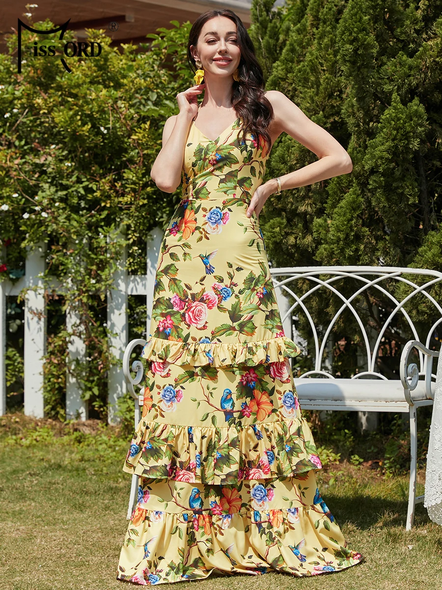 Missord-Robe longue à motif floral jaune pour femme, tenue de soirée, dos nu, coupe trapèze, vacances, plage, à plusieurs niveaux