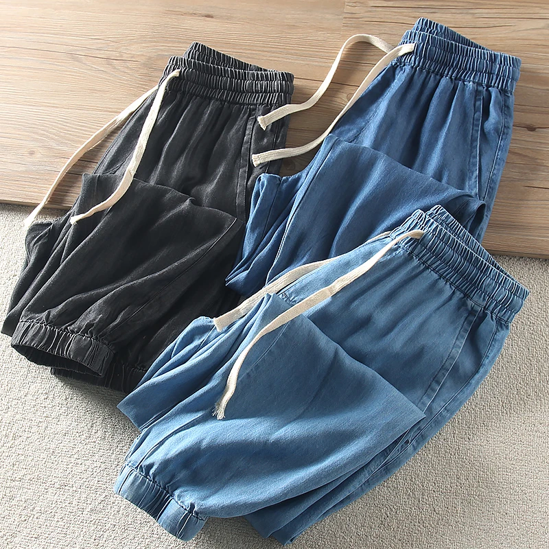 

Cool Breathable Silk Denim Pants Loose Elastic Waist Thin Summer Men's Commuter Casual Trousers Trendy Long Pants Harajuku Sle