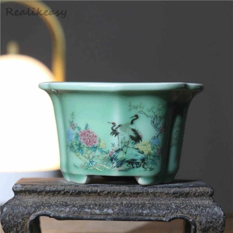 2025 New Hand Painted Purple Sand Flower Pots Creative Retro Bonsai Pots Chinese Style Ceramic Succulent Flower Pots Home Decor