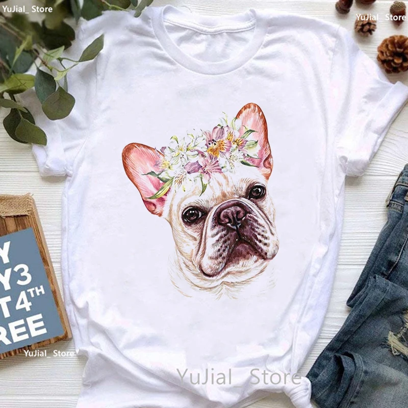 Camiseta con estampado de Bulldog Francés para mujer, camisa blanca divertida para chica, camiseta Harajuku Kawaii para amante de los perros