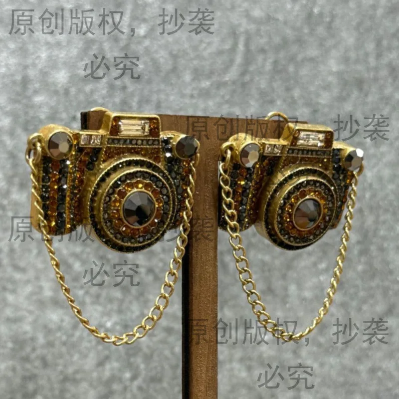 vintage camera earrings metal temperament necklace niche 5A zircon  diamond stud earrings
